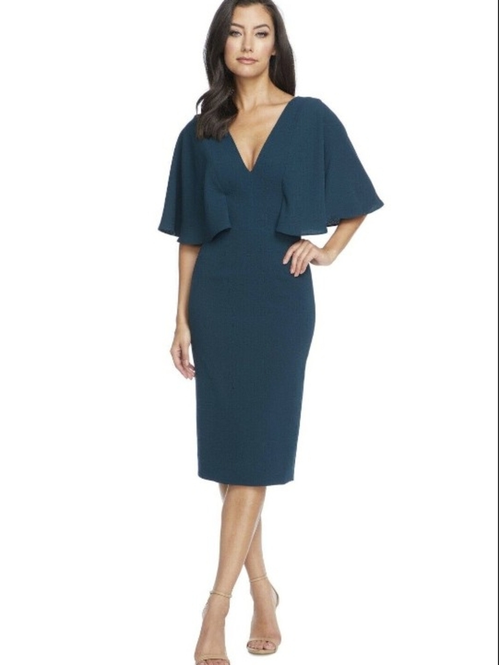 Dress the Population Deep Teal V-Neck Midi Dress with Cape Sleeves